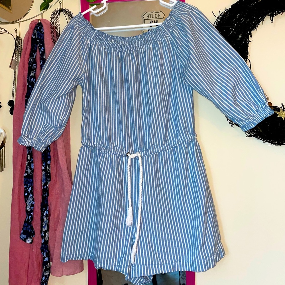 💙 Blue & White pinstripe Mudpie Shorts Romper with rope tie at the waist